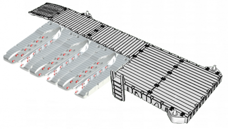 Badbrygga Rotodock 10,9 x 1,5 meter med en avsats längst ut som är 3×3 meter och 3 JetPort Max vattenskoterbryggor, Flytkapacitet 9.900kg