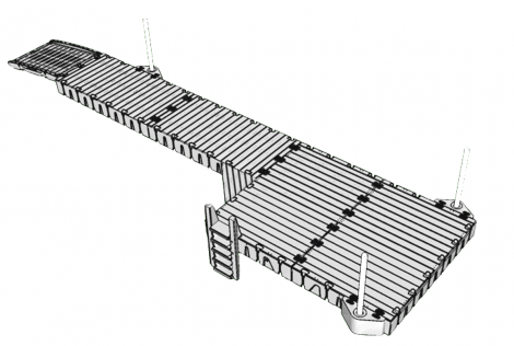 Badbrygga Rotodock 10,9 x 1,5 meter med en avsats längst ut som är 3×3 meter, Flytkapacitet 5.400kg