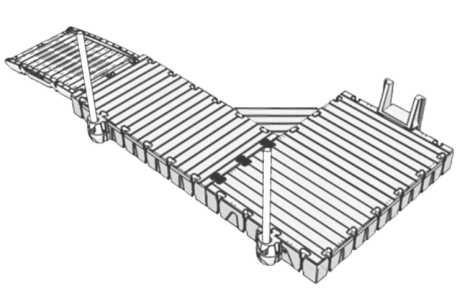 Badbrygga Rotodock 6,9 x 1,5 meter med en avsats längst ut som är 3×2 meter, Flytkapacitet 3.150kg