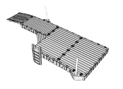Badbrygga Rotodock 8,9 x 1,5 meter med en avsats längst ut som är 4×3 meter, Flytkapacitet 4.950kg
