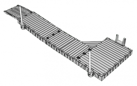 Badbrygga Rotodock 9,9 x 1,5 meter med en avsats längst ut som är 3×2 meter, Flytkapacitet 4.500kg
