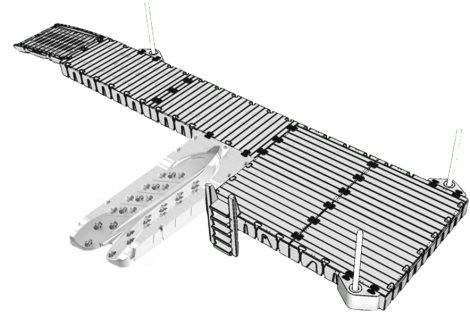 Badbrygga Rotodock 10,9 x 1,5 meter med en avsats längst ut som är 3×3 meter och JetPort Plus vattenskoterbrygga, Flytkapacitet 6.600kg