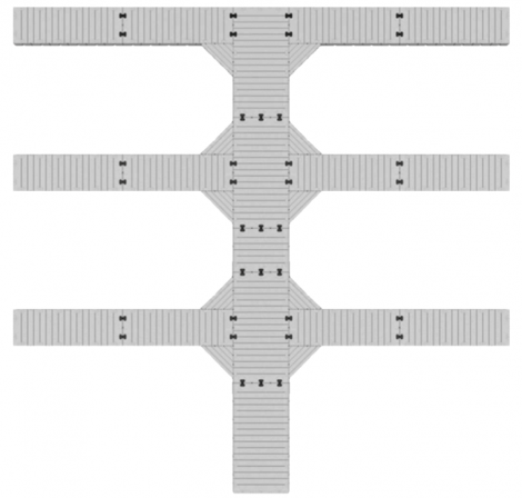 Marinabrygga Rotodock 13,0 x 1,5 meter med 6 vingar 6,0 x 1,0 meter, Flytkapacitet 16.650 kg